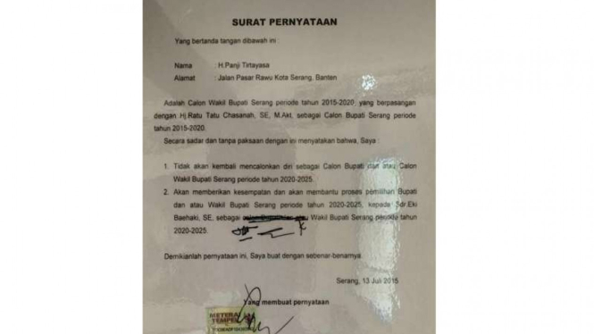 Surat perjanjian estafet jabatan Wakil Bupati Serang