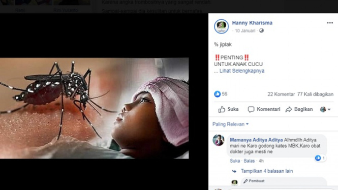 Postingan obat demam berdarah di Facebook. (Foto ilustrasi).