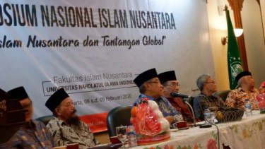 Ketua Umum Nahdlatul Ulama Said Aqil Siroj dalam forum Simposium Nasional Islam Nusantara yang diselenggarakan Universitas Nahdlatul Ulama Indonesia di Jakarta, Sabtu, 8 Februari 2020.