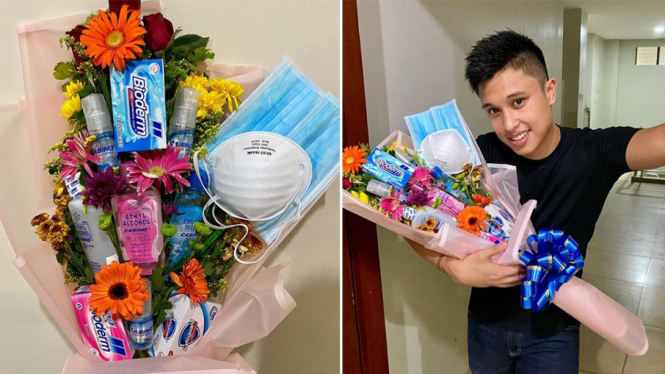 Buket hand sanitizer dan masker untuk Valentine