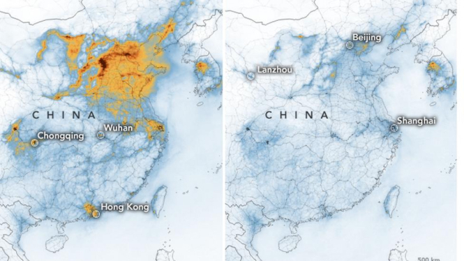 Nasa images show how NO2 levels have fallen between January (left) and February - NASA