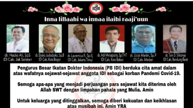 IDI mengucapkan belasukawa atas wafatnya 6 dokter dalam tugas memerangi COVID-19