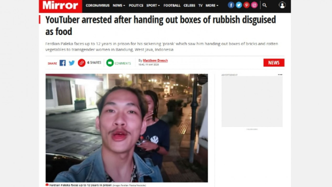 Kontroversi YouTuber Ferdian Paleka diberitakan media Inggris, Mirror