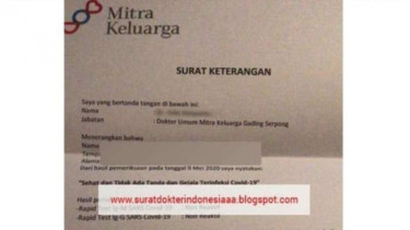 Beredar surat keterangan bebas Corona atas nama RS Mitra Keluarga dijual di e-commerce.