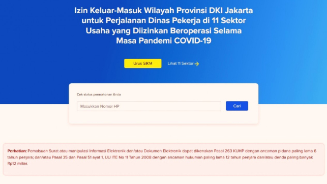 Laman situs corona.jakarta.go.id untuk membuat Surat Izin Keluar-Masuk DKI Jkt
