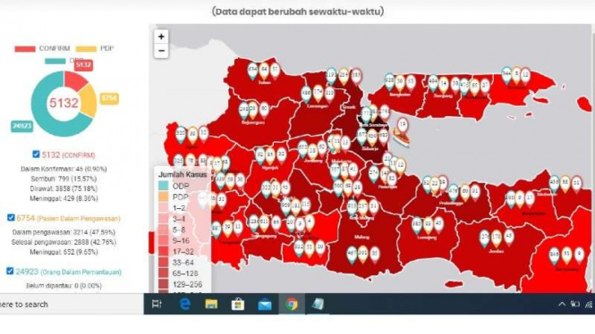 Peta penyebaran virus corona di Jawa Timur.