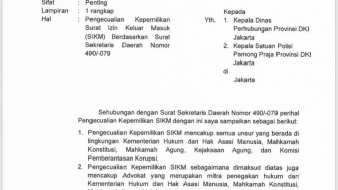 Surat Pemprov DKI soal SIKM