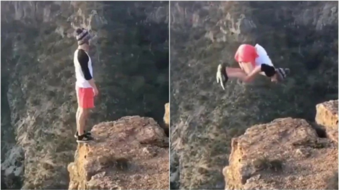 Pria backflip di tepi jurang. 