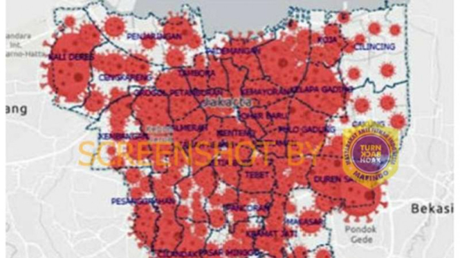Tangkapan layar gambar peta persebaran wabah virus corona di DKI Jakarta yang memperlihatkan banyak wilayah berwarna merah alias zona merah.
