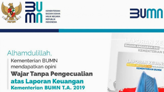 Laporan Keuangan 2019 Kementerian BUMN mendapat opini Wajar Tanpa Pengecualian