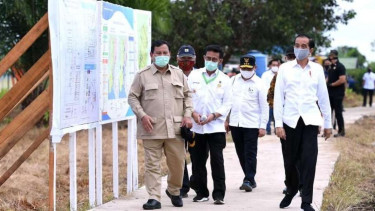 Presiden Jokowi bersama Menteri Pertahanan Prabowo Subianto dan Menteri Pertanian Syahrul Yasin Limpo saat meninjau lokasi lumbung pangan nasional (food estate) di Kalimantan Tengah. (Foto ilustrasi)