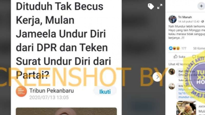 Tangkapan layar sebuah akun Facebook yang menyebut Mulan Jameela mengundurkan diri dari jabatannya sebagai anggota DPR.