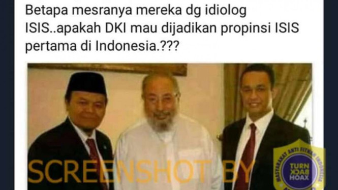 Tangkapan layar (screenshot) foto yang memperlihatkan sosok Gubernur DKI Jakarta Anies Baswedan dan mantan presiden PKS Hidayat Nur Wahid berfoto bersama ulama terkemuka asal Mesir, Yusuf al-Qaradawi.