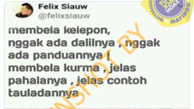 Tangkapan layar (screenshot) sebuah akun Twitter yang diklaim sebagai akun milik Felix Siauw yang memuat unggahan tentang penganan tradisional klepon.