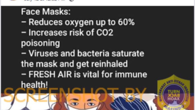 Tangkapan layar sebuah akun Facebook yang mengunggah gambar dan narasi tentang beberapa dampak buruk penggunaan masker.
