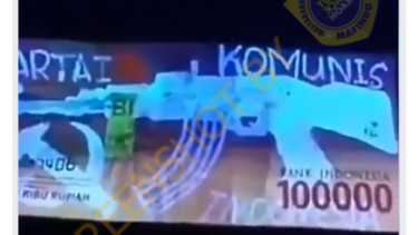 Tangkapan layar (screenshot) unggahan video yang memperlihatkan gambar tersembunyi berupa senapan dan juga logo palu arit pada uang pecahan Rp100.000.