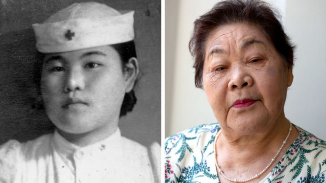 Teruko Ueno bekerja sebaga perawat di rumah sakit Red Cross Hiroshima beberapa tahun setelah bom atom dijatuhkan di Hiroshima (kiri) dan Teruko tahun 2015.-Lee Karen Stow