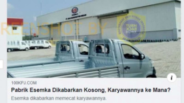 Tangkapan layar (screenshot) artikel berita tentang kabar pabrik mobil Esemka dari media daring 100kpj.com pada satu akun grup Facebook.
