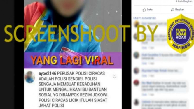 Beredar unggahan yang menyebut perusak Polsek Ciracas adalah polisi.