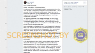 Tangkapan layar (screen shot) akun Facebook yang mengunggah narasi tentang bahayanya penggunaan alat thermo gun.