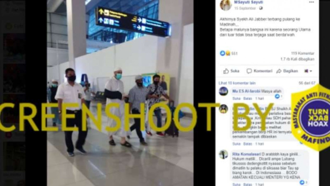 Tangkapan layar (screen shot) akun Facebook yang mengunggah foto Syekh Ali Jaber berjalan di lorong bandara yang diklaim akan terbang untuk pulang ke Arab Saudi setelah insiden penusukan di Lampung.