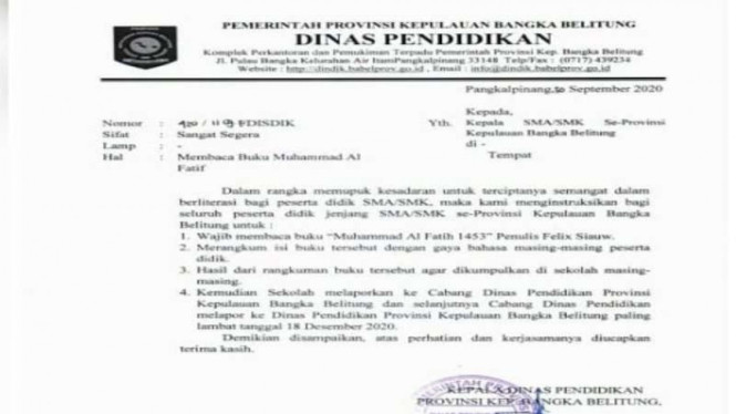 Surat instruksi Dinas Pendidikan Bangka Belitung siswa membaca buku Felix Siauw
