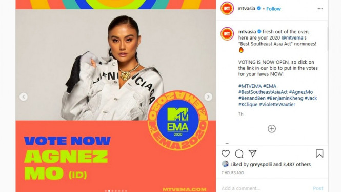 Agnez Mo masuk nominator MTV Europe Music Awards 2020
