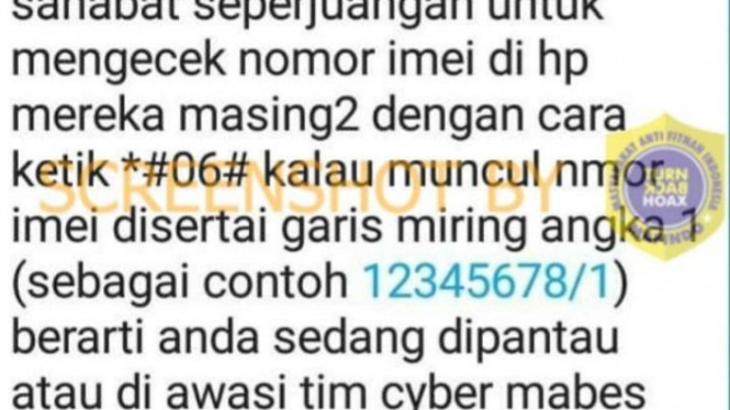 Tangkapan layar (screen shot) informasi bohong tentang cara untuk mengetahui ponsel sedang disadap oleh polisi.