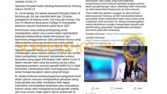 Tangkapan layar (screen shot) akun Facebook yang mengunggah narasi dengan klaim bahwa vaksin COVID-19 dan merusak DNA manusia.