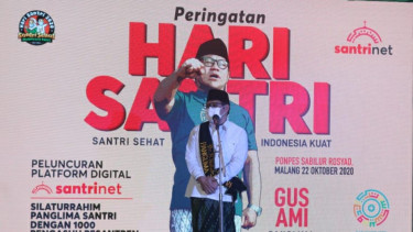 Wakil Ketua DPR sekaligus Ketua Umum PKB Muhaimin Iskandar saat peluncuran platform pembelajaran digital Santrinet di Malang, Jawa Timur, Jumat, 23 Oktober 2020.