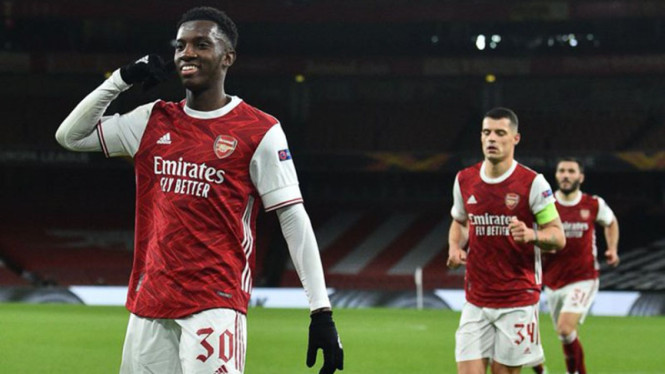 Selebrasi gol pemain Arsenal, Edward Nketiah ke gawang Dundalk.