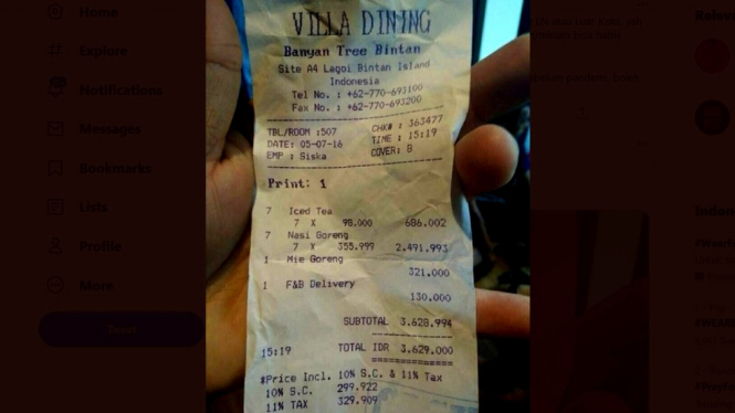 Viral, struk pesanan makanan sebuah villa di Bintan