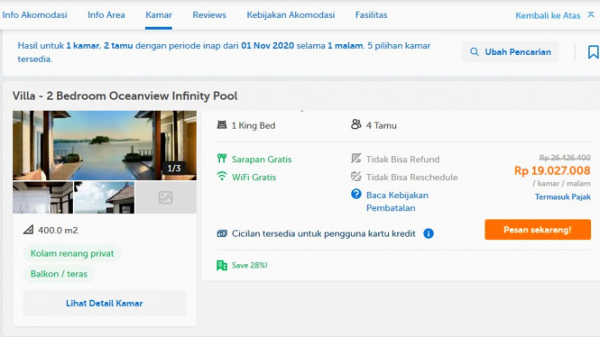 Tarif kamar villa yang viral pesanan harga es teh Rp98 ribu 