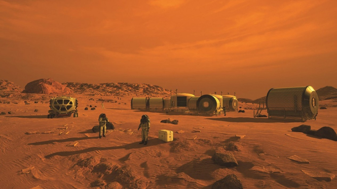 Ilustrasi koloni manusia di Planet Mars.