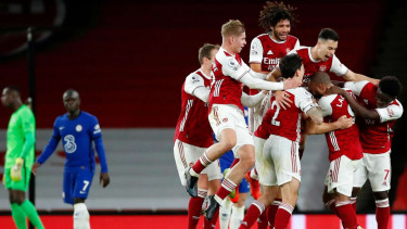Selebrasi pemain Arsenal di laga kontra Chelsea