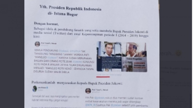 Surat dari Prof Yusuf yang melamar jadi menteri Jokowi
