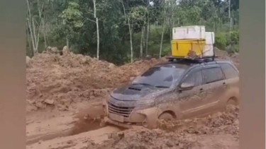 Mobil keluarga jadi taksi di Kalimantan, harus melibas trek berlumpur.