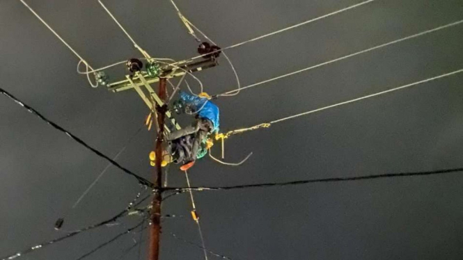 Petugas PLN saat melakukan pemulihan jaringan listrik usai banjir bandang NTT.