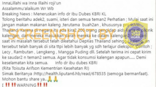 Beredar pesan berantai makanan kaleng dari Thailand tularkan AIDS.