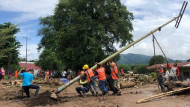 Sejumlah teknisi PLN Adonara, Kabupaten Flores Timur, menancapkan tiang listrik di Desa Waiburak, Adonara Timur, Flores Timur, NTT, Kamis, 8 April 2021.