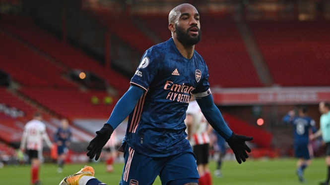 Striker Arsenal, Alexandre Lacazette usai jebol gawang Sheffield United