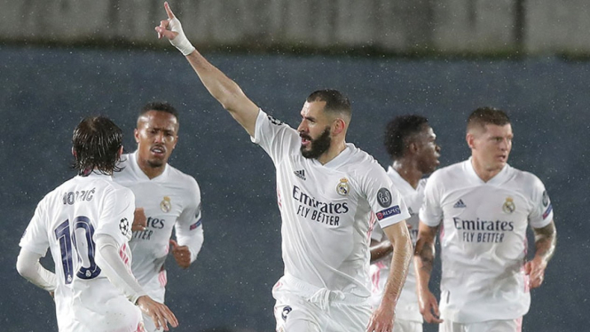 Selebrasi Karim Benzema usai bobol gawang Chelsea.