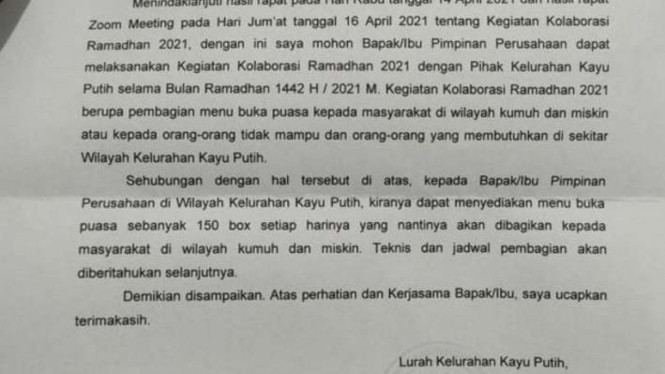 Surat Lurah Kayu Putih, Pulogadung Jakarta Timur