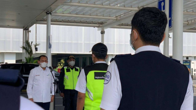 Apel Posko Peniadaan Mudik di Bandara Ahmad Yani Semarang.