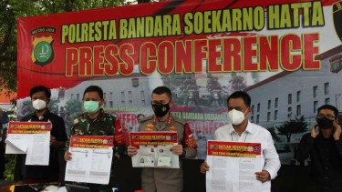 Polresta Bandara Soekarno Hatta gelar konferensi pers, Jumat, 21 Mei 2021.