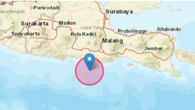Pusat gempa bumi magnitudo 6,2 di Blitar.