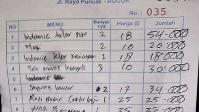 Viral nota bayar indomie mahal di Puncak Bogor (Instagram/infodepok_id)
