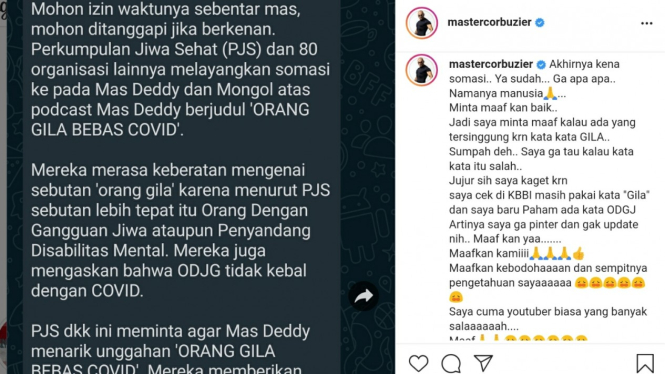 Postingan permintaan maaf Deddy Corbuzier di Instagram