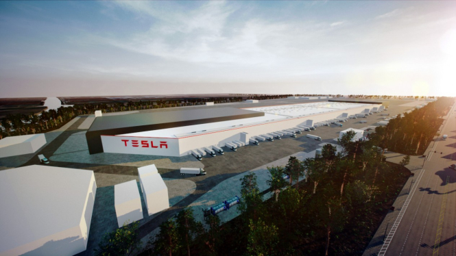Pabrik Tesla Giga Shanghai di China.