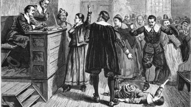 Sebuah ilustrasi dari tahun 1876 yang menggambarkan pengadilan penyihir di Salem, Massachusetts, pada tahun 1600-an (ABC News)